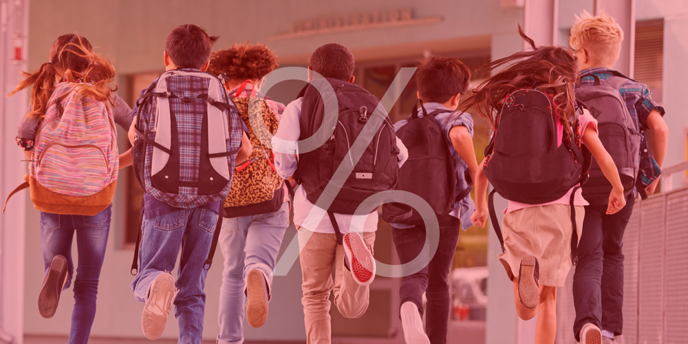 Schulranzen im Sale, vier Kinder laufen Hand in Hand, fröhlich, bunte Schulranzen, sommerliches Licht, Schulweg, Freundschaft, Lächeln, Prozentzeichen über dem Bild