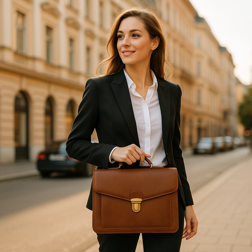 Nahaufnahme einer schwarzen Aktentasche, von Frau in Business-Hose getragen, städtischer Hintergrund