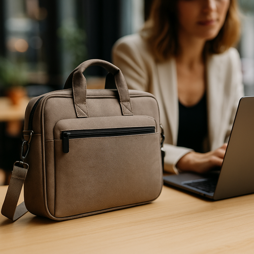 Frau im hellen Mantel, hält graue Laptoptasche mit Reißverschluss, herbstliche Atmosphäre