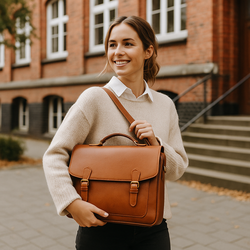 Nahaufnahme einer klassischen, braunen Lehrertasche mit Schnallenverschluss, die von einer Person in der Hand getragen wird