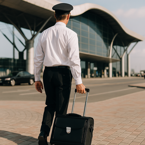 Person in Bewegung zieht einen schwarzen Pilotenkoffer mit Teleskopgriff über den Boden eines öffentlichen Gebäudes oder Bahnhofs