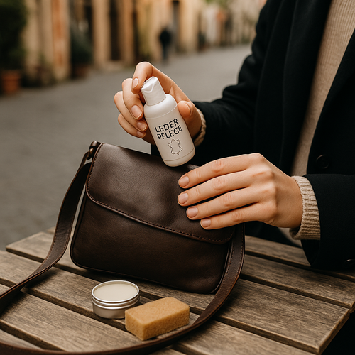 Hand mit Bürste, Lederpflege auf brauner Ledertasche, Pflegemittel im Glas, Lederpflege, Accessoires