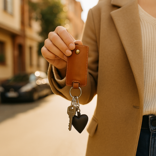Braunes Lederschlüsseletui, goldener Schlüssel, Marmoroberfläche, Accessoires, Damen und Herren