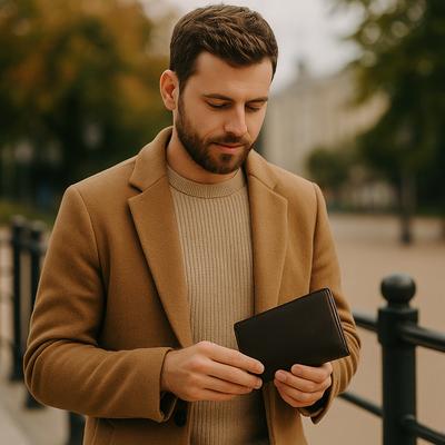 braune Herren-Geldbörse, beide Hände, rustikale Steinwand im Hintergrund