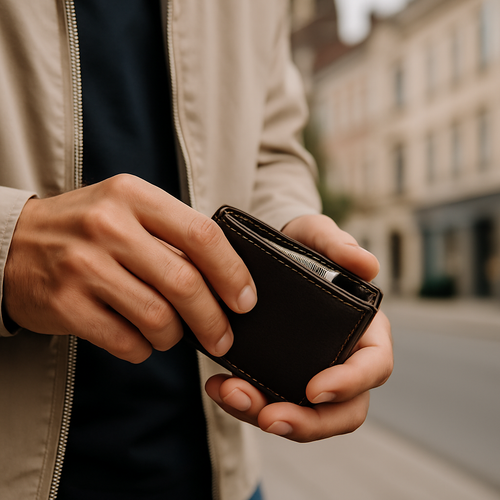 kleine braune Herrenbörse, wird mit beiden Händen gehalten, sichtbarer Knopf