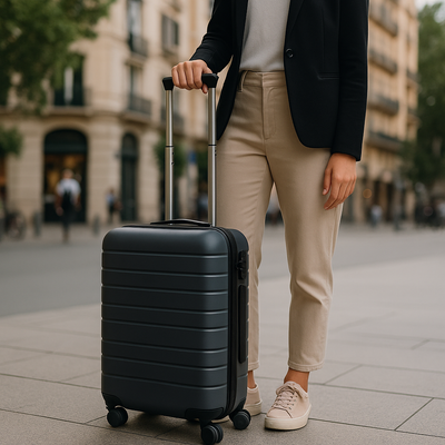 zwei Personen, Sommerkleidung, Gehweg, Bäume, weiße Koffer, entspanntes Reisen