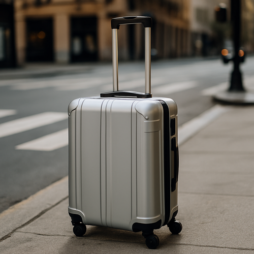 Koffer, silber, Frau, Business-Outfit, Flughafen, modern, elegant