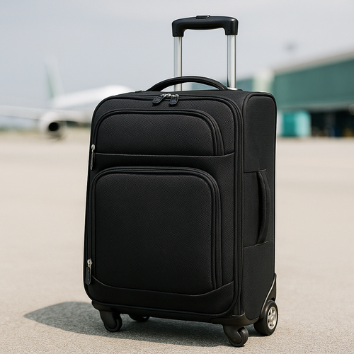 schwarzer Weichschalenkoffer, Mantel, heller Boden, Flughafen, praktisch, flexibel