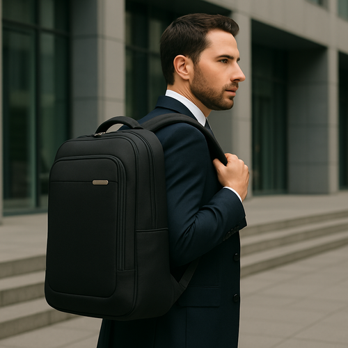 Business-Rucksack, Mann mit Fahrrad, Skyline, modern, dynamisch