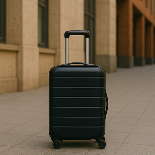 schwarzer kleiner Koffer, helle Sneakers, orangene Wand, kompakt, unterwegs