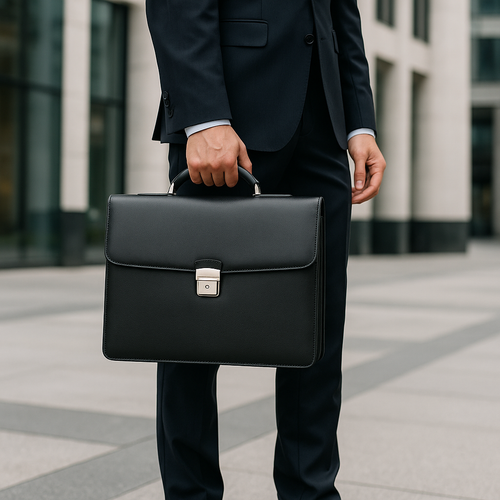 Mann in schwarzer Hose und Stiefeletten, hält schwarzen Aktenkoffer, steigt Treppe hoch