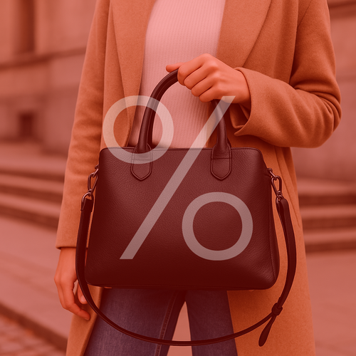 Sale Handtaschen, Frau mit schwarzer Handtasche, luftiges Kleid, Strand im Hintergrund, Prozentzeichen über dem Bild