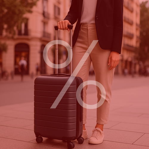 Sale Koffer, Paar läuft mit Hartschalenkoffer, helle Kleidung, Einkaufsumgebung, Prozentzeichen über dem Bild