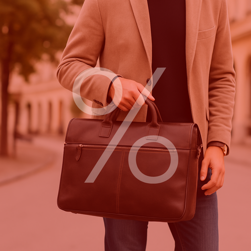 Sale Taschen, zwei Personen mit Umhängetaschen aus Leder, helles Oberteil und gelbes Hemd, Prozentzeichen über dem Bild