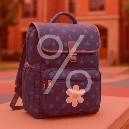 Sale Schulranzen, Kinder mit Schulranzen, Gruppenbild, fröhlich, Prozentzeichen über dem Bild