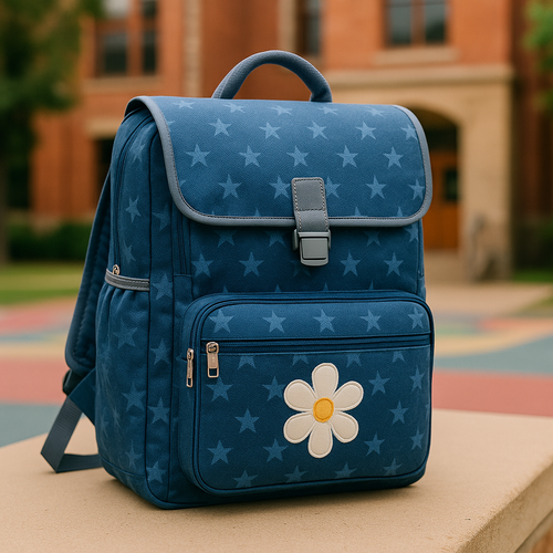 Schulranzen, vier Kinder mit bunten Schulranzen, halten sich an den Händen, gehen auf dem Gehweg, fröhliche Stimmung, Schulanfang