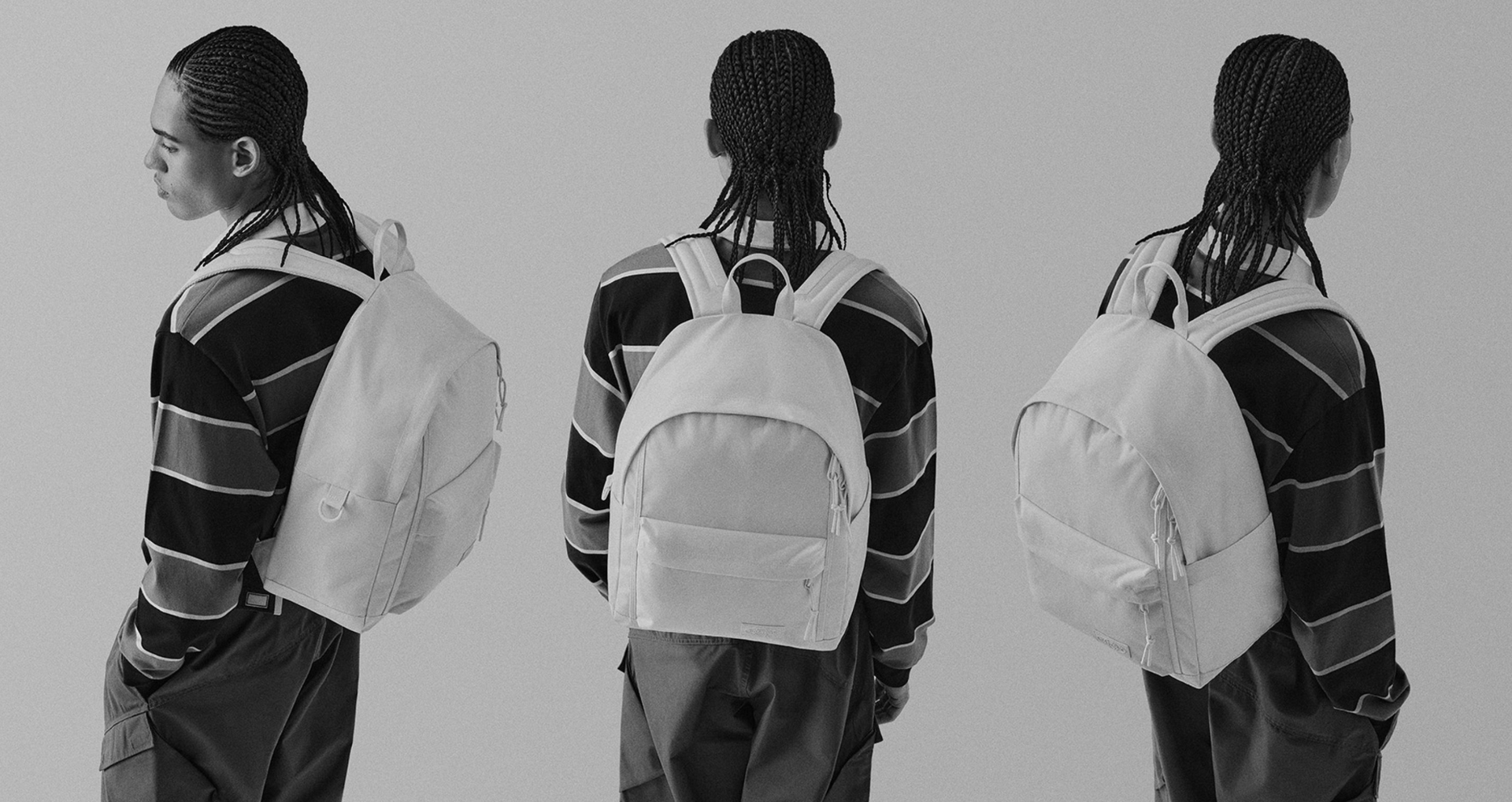 Eastpak, Rucksack, minimalistisch, urbaner Look, Streetstyle, Model mit Rucksack, weißer Rucksack, Studioaufnahme, drei Perspektiven, modernes Design, funktionales Accessoire