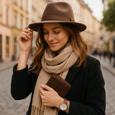 Handtasche mit Fransen, Smartphone, Autoschlüssel, Parfumflakon, Kugelschreiber, Damenaccessoires auf hellem Untergrund