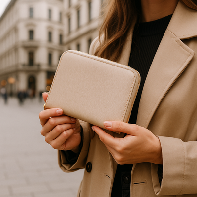schwarze Damen-Geldbörse, Hand mit roten Nägeln, eleganter Look