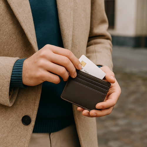 braunes Leder-Kartenetui, geöffnet, mit sichtbarer Kreditkarte
