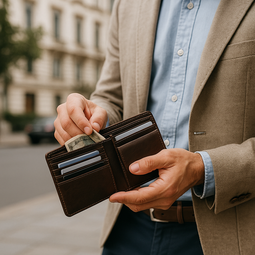 große schwarze Herren-Geldbörse, Nahaufnahme, liegt auf hellem Stoff