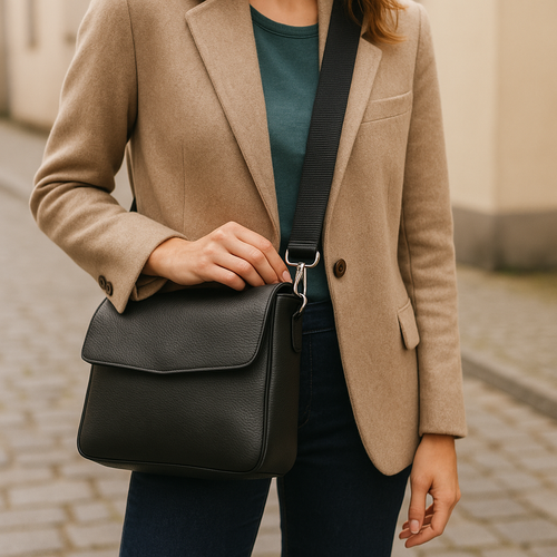 Umhängetasche, Damen, kompakt, schwarzes Leder, schlichtes Design, urbaner Look